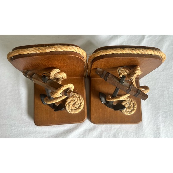 Vintage Anchor Bookends Wooden with Anchor Rope Nautical - Picture 7 of 10
